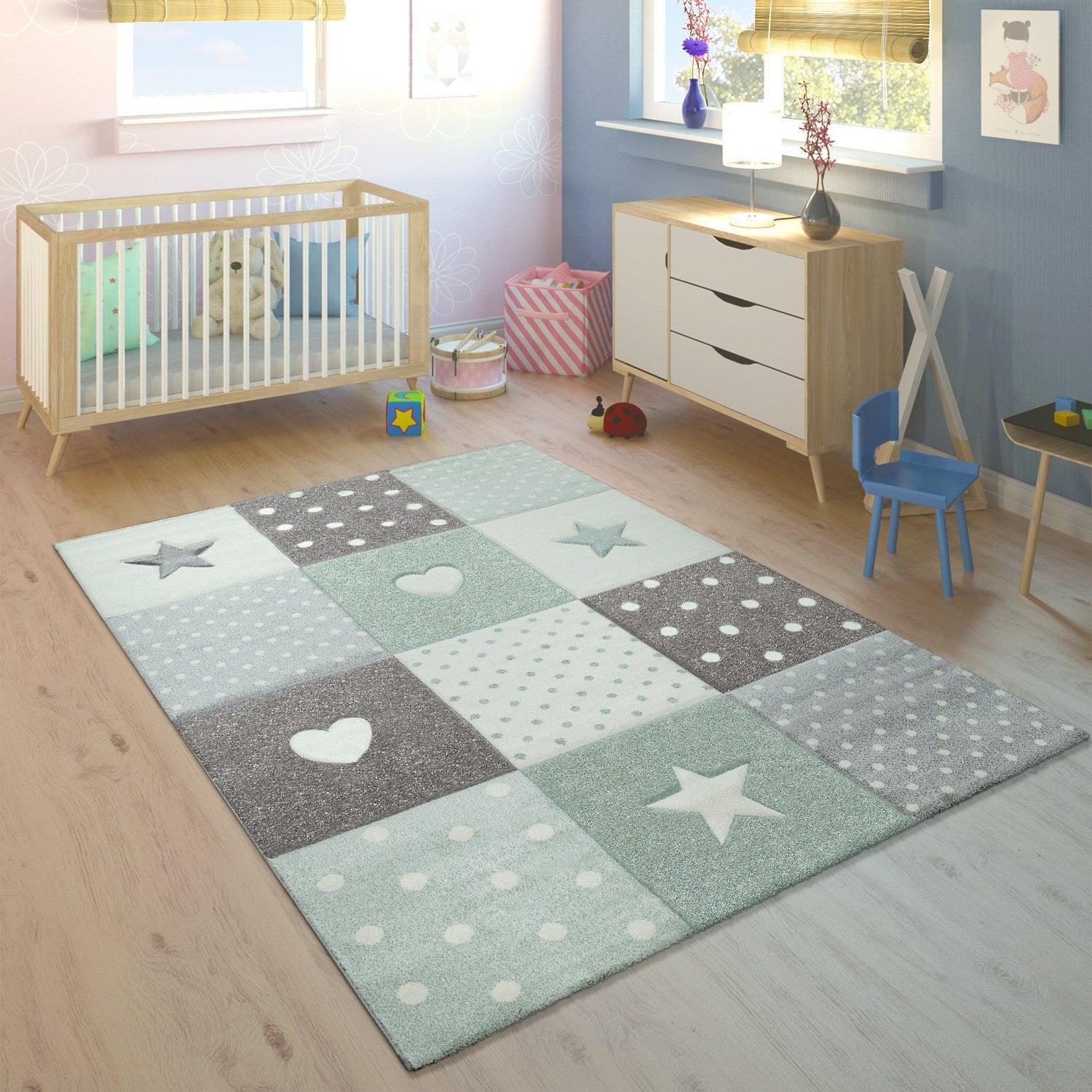 Nursery Rug Kids Checked Dots Hearts Stars in Pastel Green Grey RugYourHome