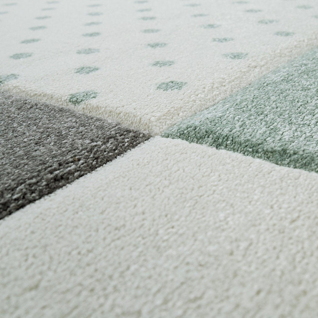 Nursery Rug Kids Checked Dots Hearts Stars in Pastel Green Grey RugYourHome