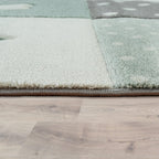 Nursery Rug Kids Checked Dots Hearts Stars in Pastel Green Grey RugYourHome