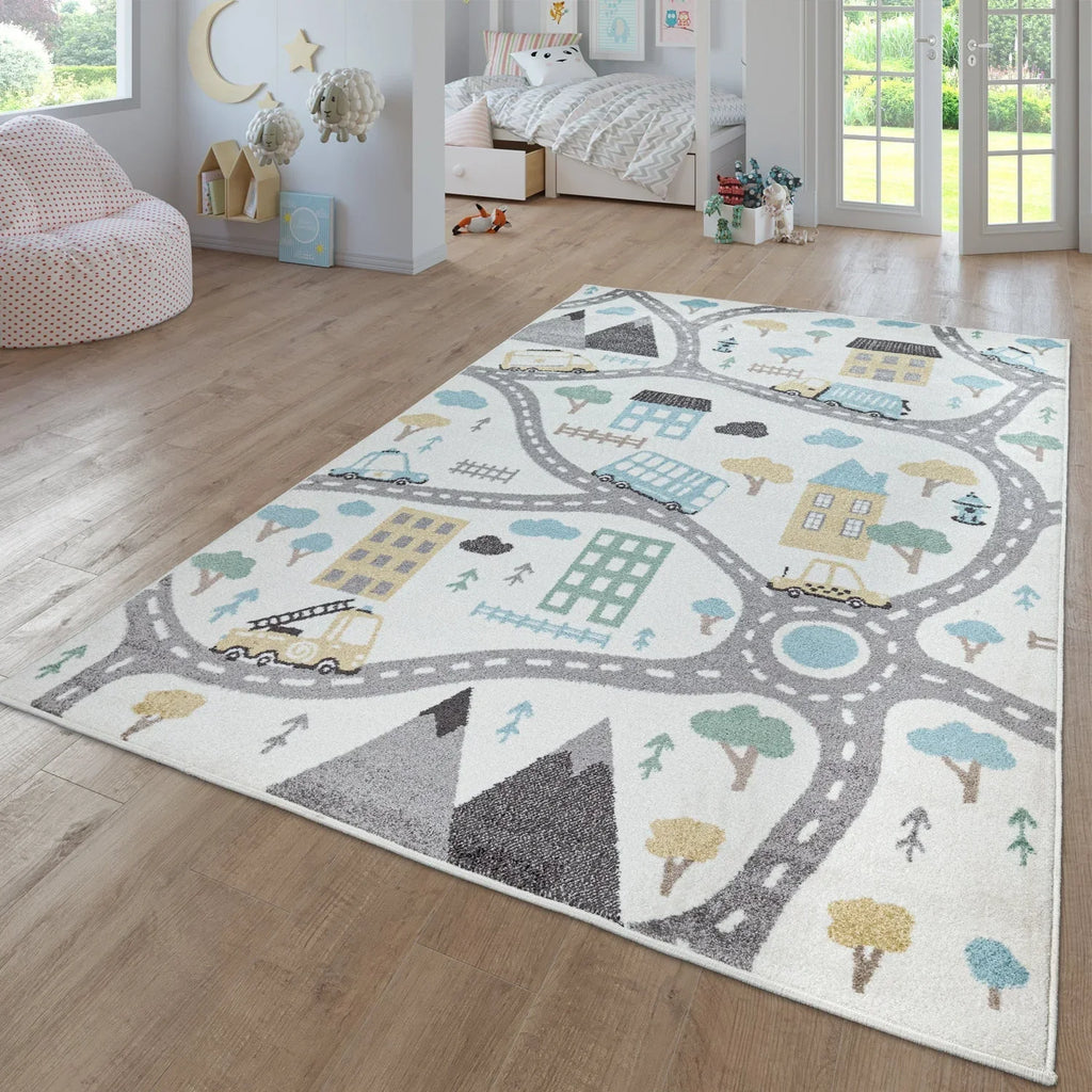 Nursery Rug Nino with Town Streets and Cars Motif in Pastel Colors, front view - House Of Avana