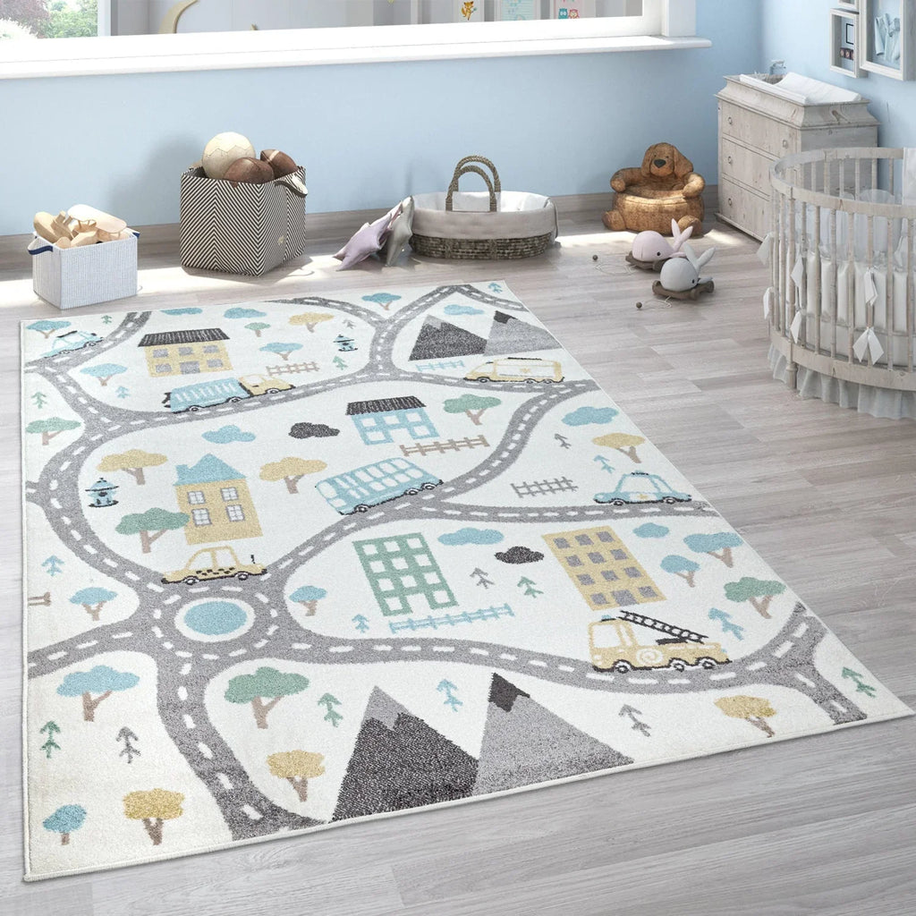 Nursery Rug Nino with Town Streets and Cars Motif in Pastel Colors, lifestyle image - House Of Avana
