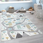 Nursery Rug Nino with Town Streets and Cars Motif in Pastel Colors, lifestyle image - House Of Avana