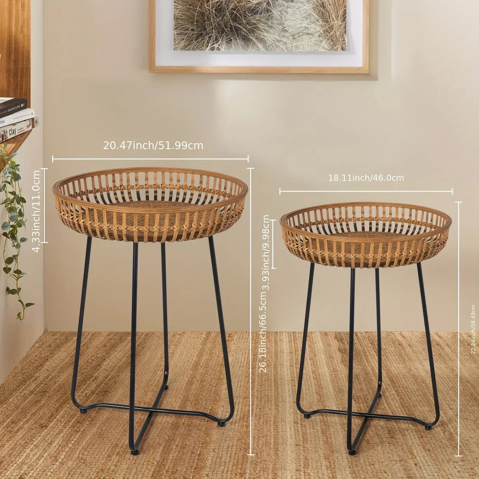 Oakrian Rattan Side Table Nesting Tables Set Of 2, Bamboo Round Table Coffee Table Metal Base End Table for Boho Living Room, Sofa, Bedroom, Terrace, Accent Table(20.47inch) House Of Avana