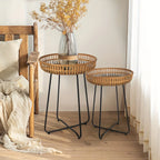 Oakrian Rattan Side Table Nesting Tables Set Of 2, Bamboo Round Table Coffee Table Metal Base End Table for Boho Living Room, Sofa, Bedroom, Terrace, Accent Table(20.47inch) House Of Avana