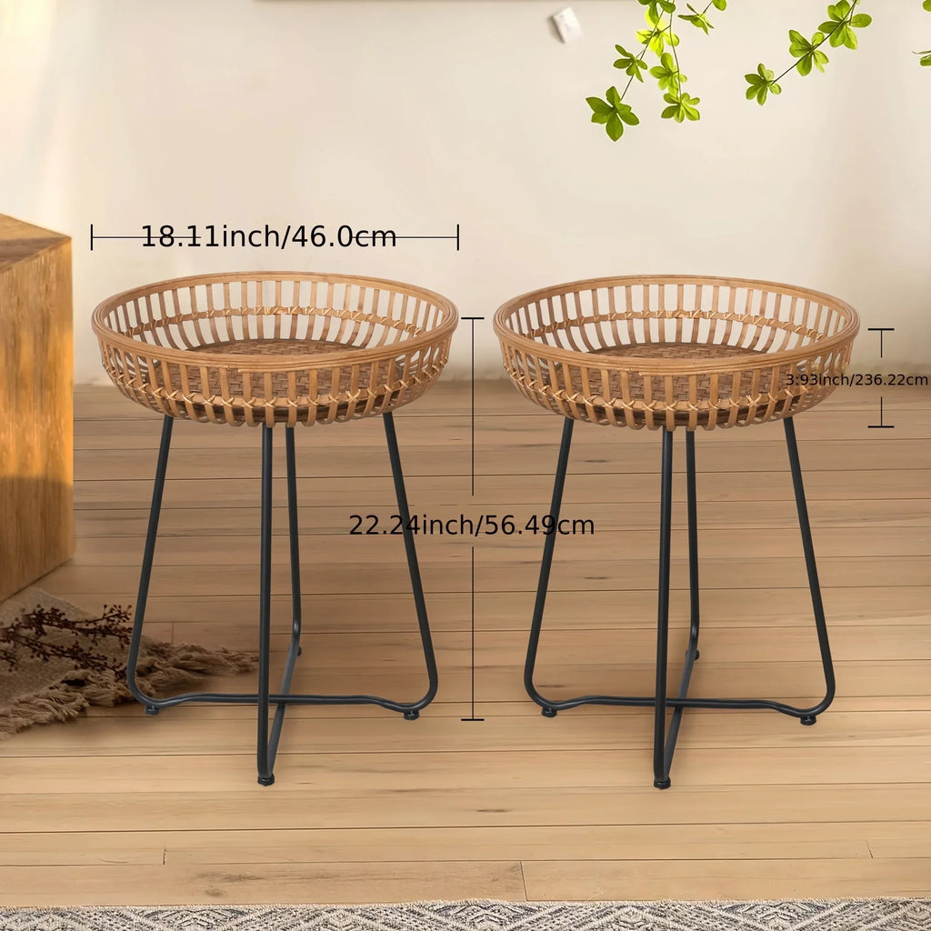 Oakrian Rattan Side Table Nesting Tables Set Of 2, Bamboo Round Table Coffee Table Metal Base End Table for Boho Living Room, Sofa, Bedroom, Terrace, Accent Table(20.47inch) House Of Avana