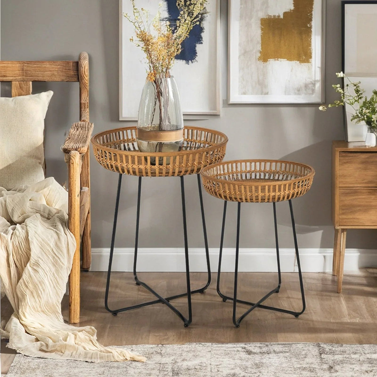 Oakrian Rattan Side Table Nesting Tables Set Of 2, Bamboo Round Table Coffee Table Metal Base End Table for Boho Living Room, Sofa, Bedroom, Terrace, Accent Table(20.47inch) House Of Avana [[SKU:HOA-SOF-404]]