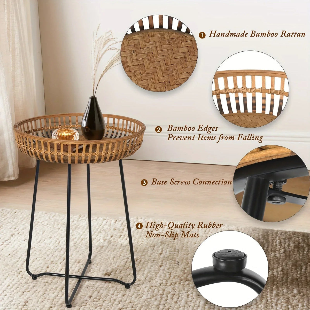 Oakrian Rattan Side Table Nesting Tables Set Of 2, Bamboo Round Table Coffee Table Metal Base End Table for Boho Living Room, Sofa, Bedroom, Terrace, Accent Table(20.47inch) House Of Avana [[SKU:HOA-SOF-404]]
