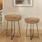 Oakrian Rattan Side Table Nesting Tables Set Of 2, Bamboo Round Table Coffee Table Metal Base End Table for Boho Living Room, Sofa, Bedroom, Terrace, Accent Table(20.47inch) House Of Avana [[SKU:HOA-SOF-404]]
