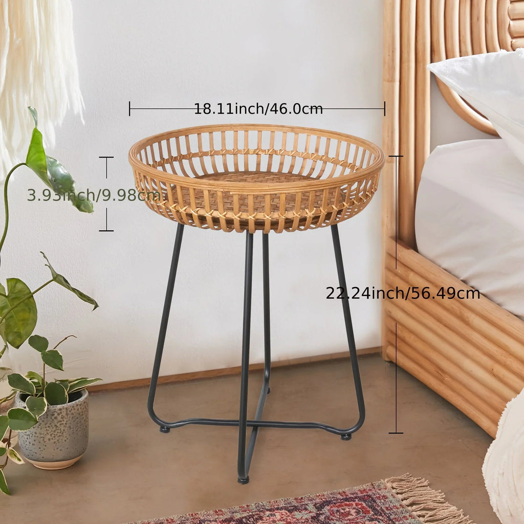 Oakrian Rattan Side Table Nesting Tables Set Of 2, Bamboo Round Table Coffee Table Metal Base End Table for Boho Living Room, Sofa, Bedroom, Terrace, Accent Table(20.47inch) House Of Avana [[SKU:HOA-SOF-404-A]]