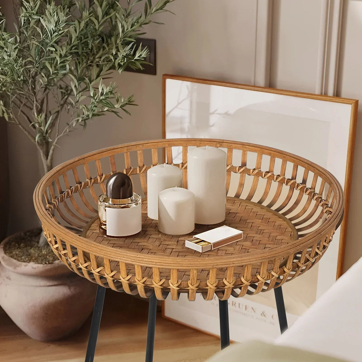 Oakrian Rattan Side Table Nesting Tables Set Of 2, Bamboo Round Table Coffee Table Metal Base End Table for Boho Living Room, Sofa, Bedroom, Terrace, Accent Table(20.47inch) House Of Avana [[SKU:HOA-SOF-404]]