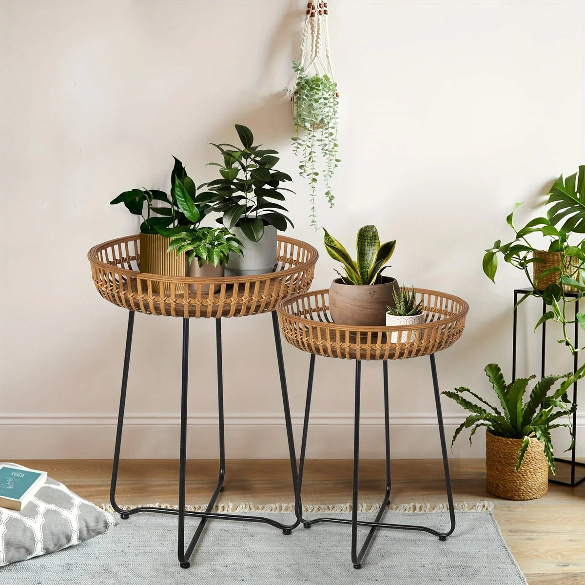 Oakrian Rattan Side Table Nesting Tables Set Of 2, Bamboo Round Table Coffee Table Metal Base End Table for Boho Living Room, Sofa, Bedroom, Terrace, Accent Table(20.47inch) House Of Avana [[SKU:HOA-SOF-404]]