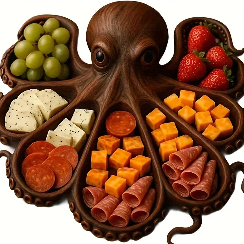 Octopus-Shaped Charcuterie Board - Wooden Material with Tentacle Grooves for Appetizers, Cheese & Meat - Elegant Seafood Serving Platter - Ideal for Parties, Snacks, and Cold Cuts - Kitchen & Dining Decor - Natural Rustic Sty House Of Avana