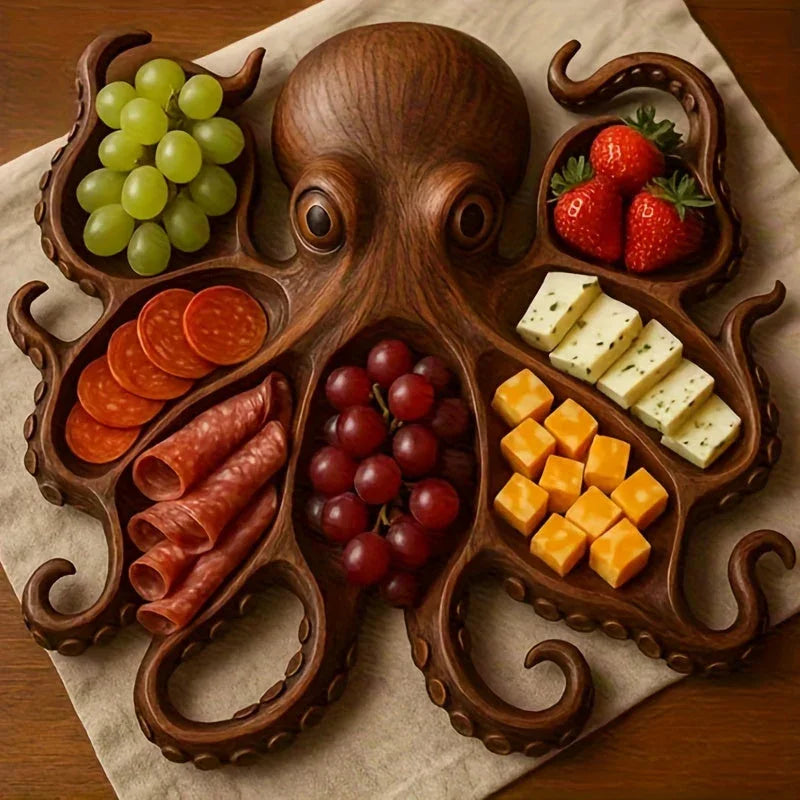 Octopus-Shaped Charcuterie Board - Wooden Material with Tentacle Grooves for Appetizers, Cheese & Meat - Elegant Seafood Serving Platter - Ideal for Parties, Snacks, and Cold Cuts - Kitchen & Dining Decor - Natural Rustic Sty House Of Avana