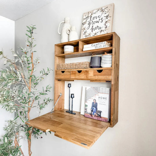 Fold Down Oak Wood Wall Shelf - House of Avana