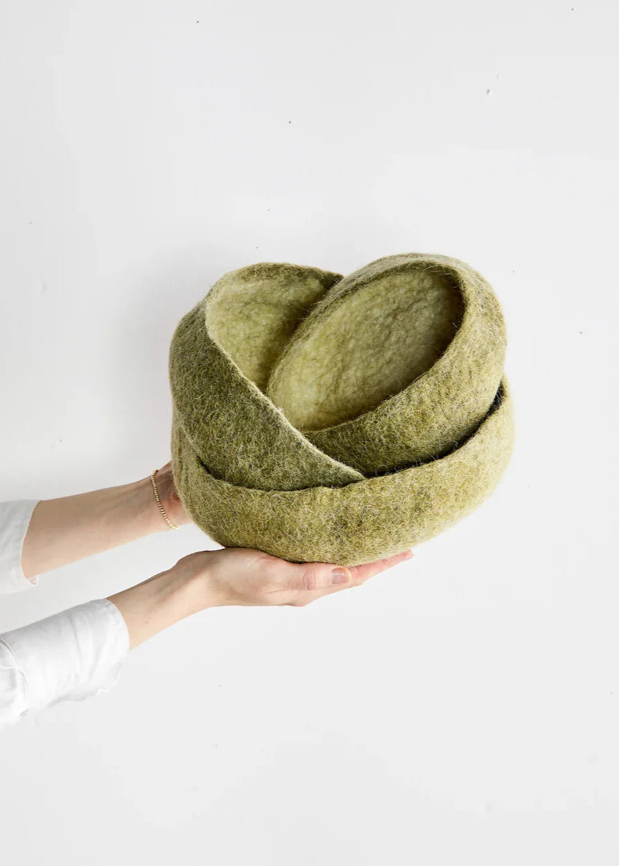 Olive Green Hand-Felted Wool Nesting Bowls Kanju Interiors