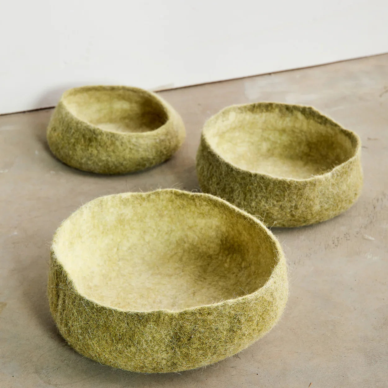 Olive Green Hand-Felted Wool Nesting Bowls Kanju Interiors