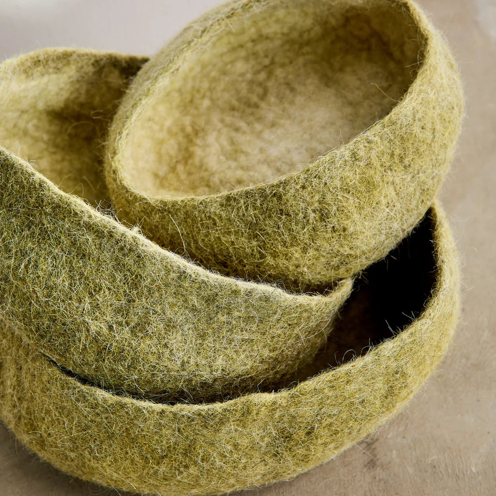Olive Green Hand-Felted Wool Nesting Bowls Kanju Interiors