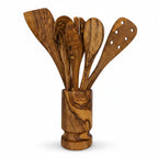 Olive Wood Kitchen Servers Set w/Holder -6 Pcs