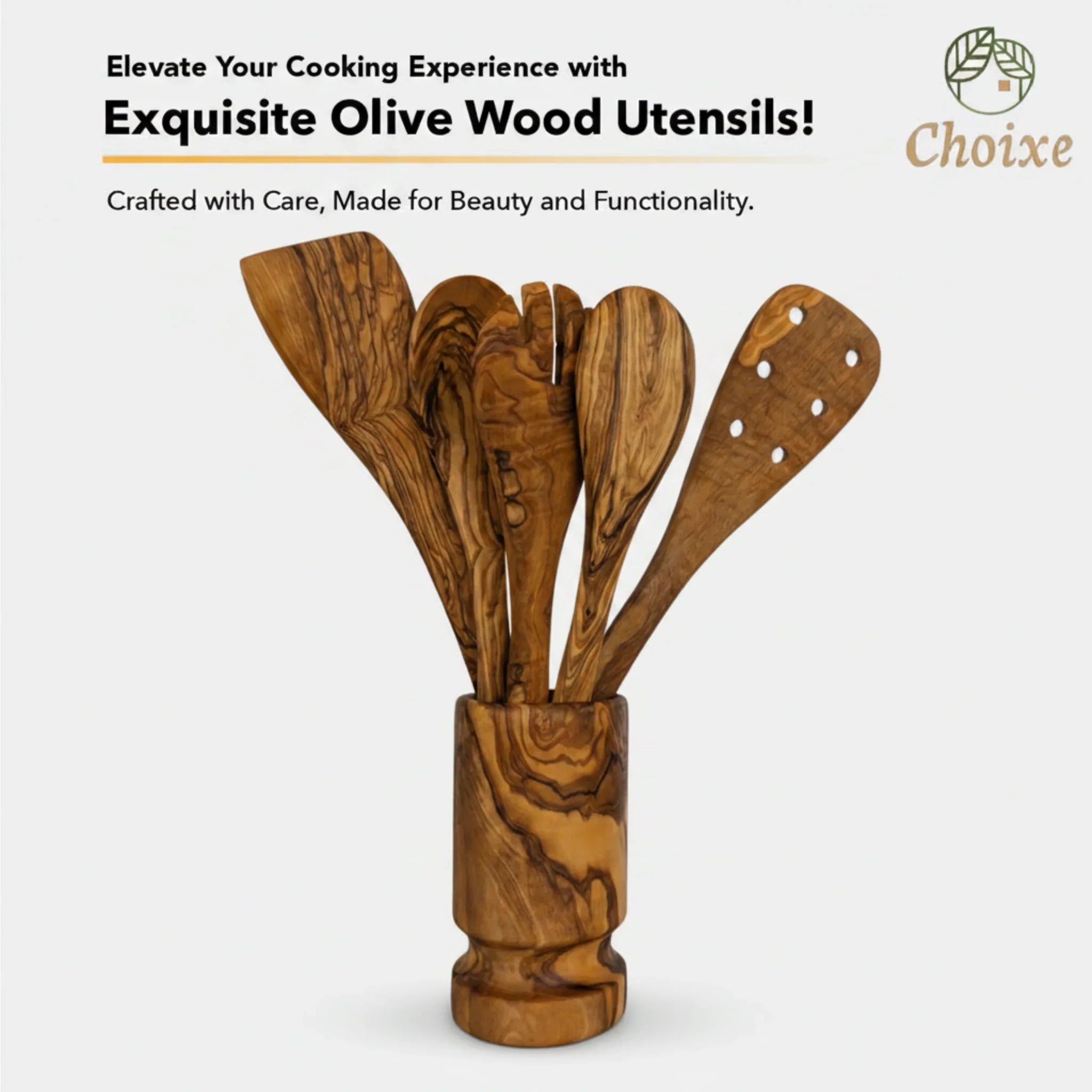 Olive Wood Kitchen Servers Set w/Holder -6 Pcs