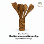 Olive Wood Kitchen Servers Set w/Holder -6 Pcs