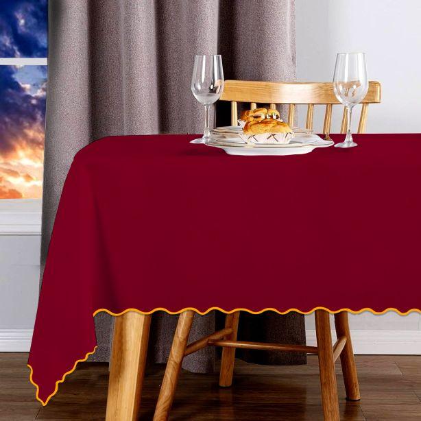 Scallop Embroidery Sateen Cotton Solid Table Cloth - Burgundy PushpLinen