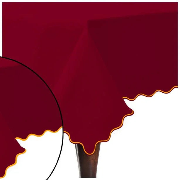 Scallop Embroidery Sateen Cotton Solid Table Cloth - Burgundy PushpLinen