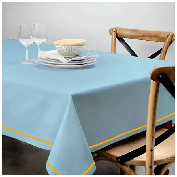Single Embroidery Border Sateen Cotton Solid Table Cloth - Light Blue PushpLinen