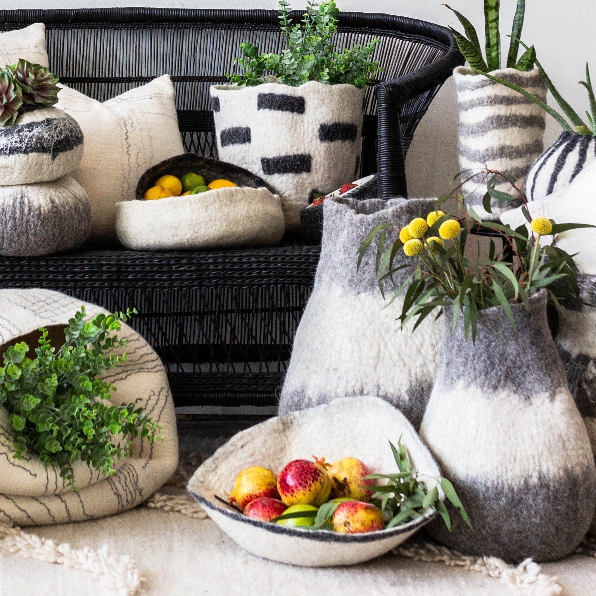 Orbit Hand-Felted Wool Natural White and Black Bowl Kanju Interiors