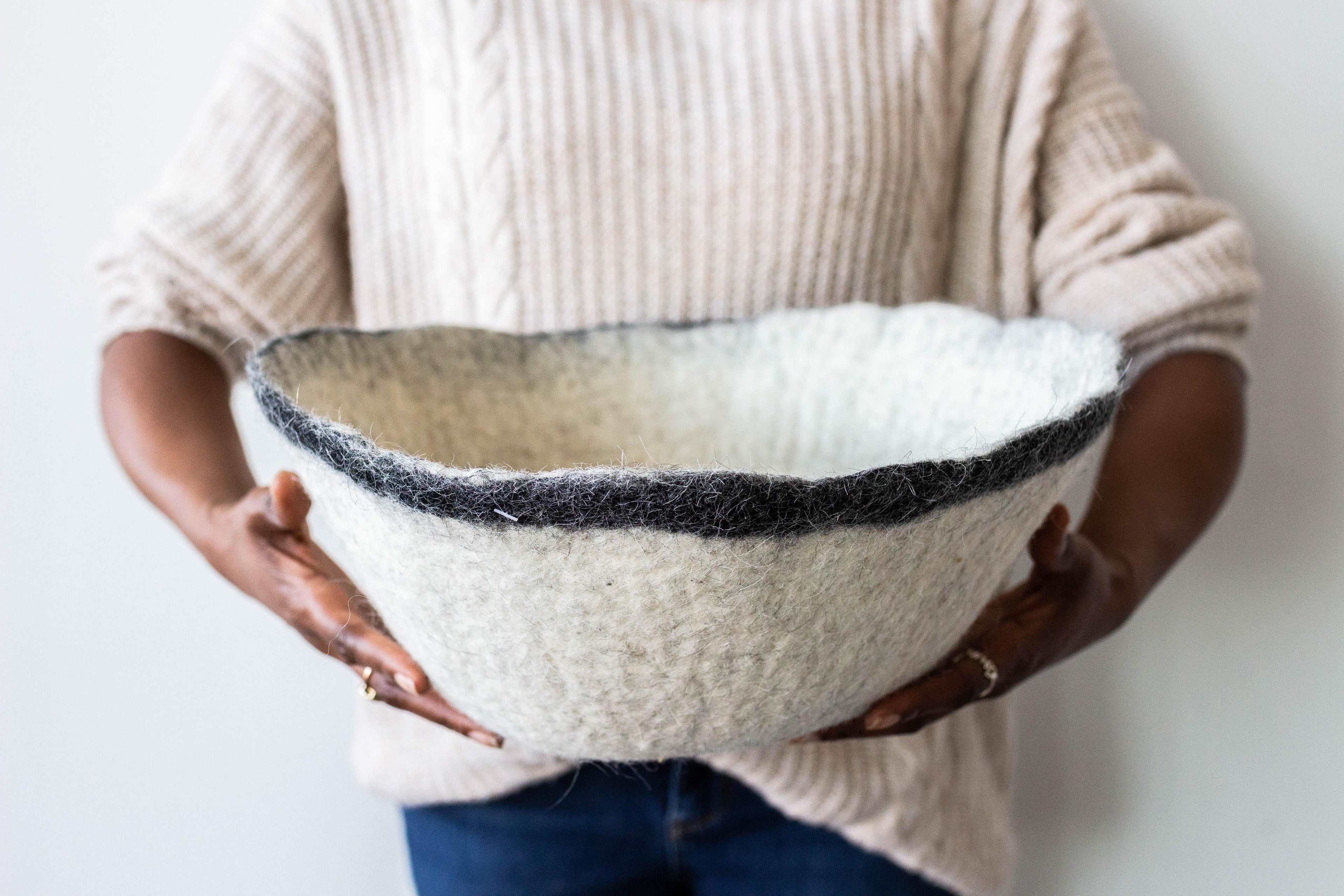 Orbit Hand-Felted Wool Natural White and Black Bowl Kanju Interiors