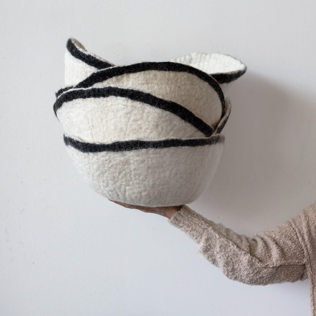 Orbit Hand-Felted Wool Natural White and Black Bowl Kanju Interiors