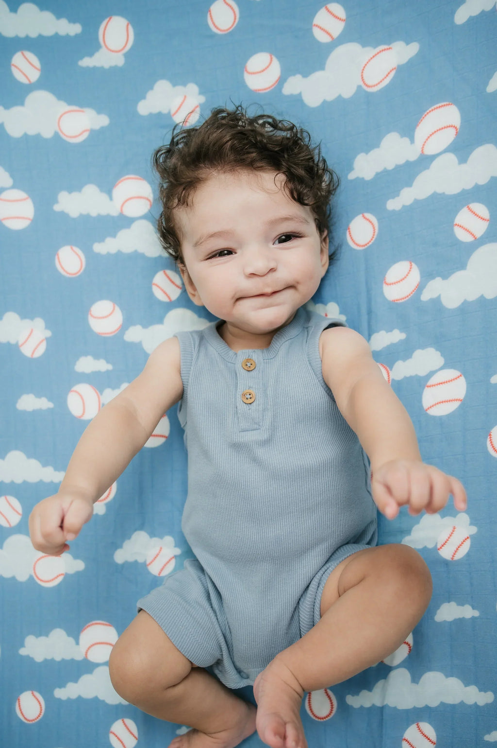 Organic Bamboo Cotton Muslin Crib Sheet in Baseballs in the Sky Cradle Comforts Co.