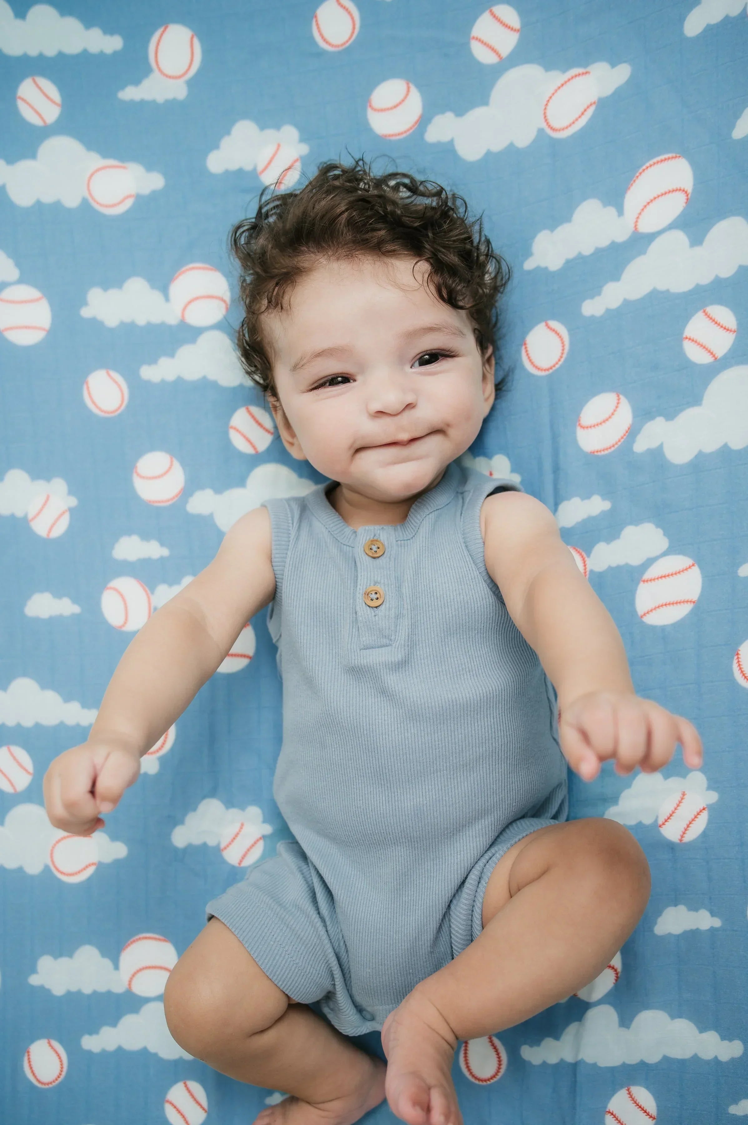 Organic Bamboo Cotton Muslin Crib Sheet in Baseballs in the Sky Cradle Comforts Co.