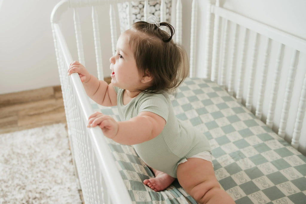 Organic Bamboo Cotton Muslin Crib Sheet in Checkered Bears Cradle Comforts Co.