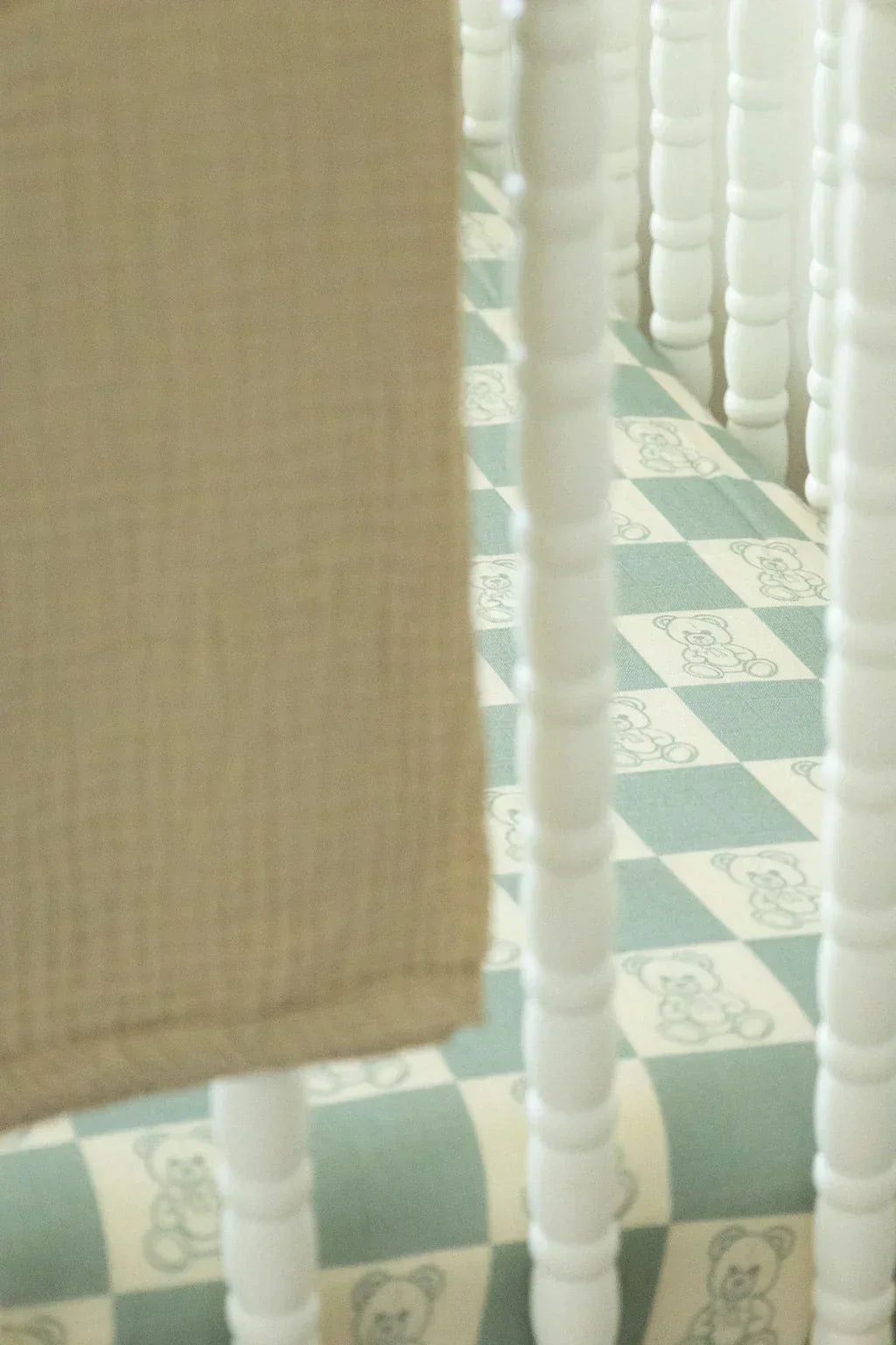 Organic Bamboo Cotton Muslin Crib Sheet in Checkered Bears Cradle Comforts Co.