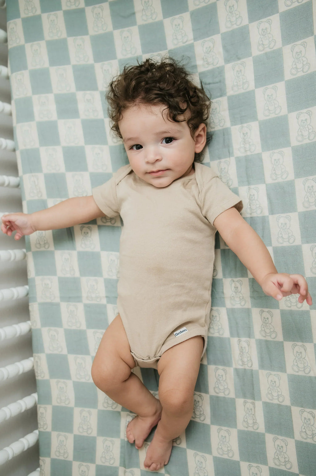 Organic Bamboo Cotton Muslin Crib Sheet in Checkered Bears Cradle Comforts Co.