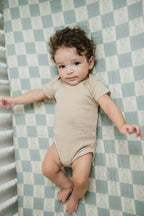 Organic Bamboo Cotton Muslin Crib Sheet in Checkered Bears Cradle Comforts Co.