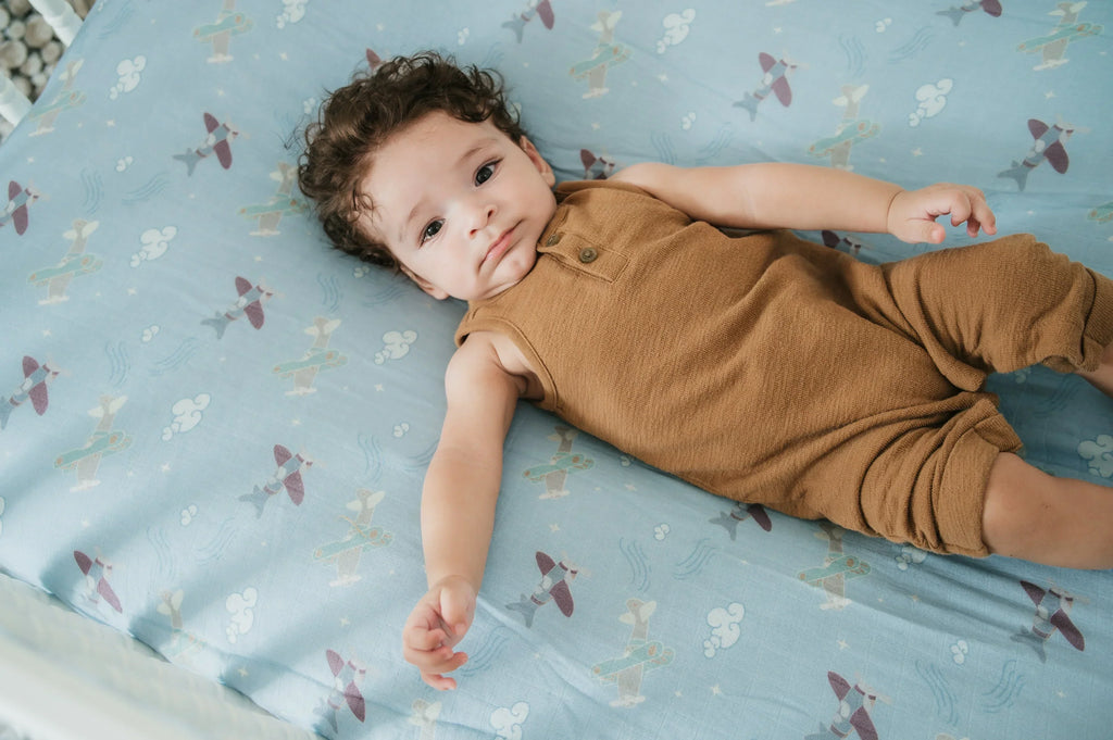 Organic Bamboo Cotton Muslin Crib Sheet in Dreamy Planes Cradle Comforts Co.