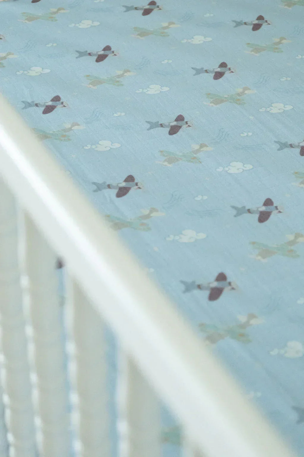 Organic Bamboo Cotton Muslin Crib Sheet in Dreamy Planes Cradle Comforts Co.