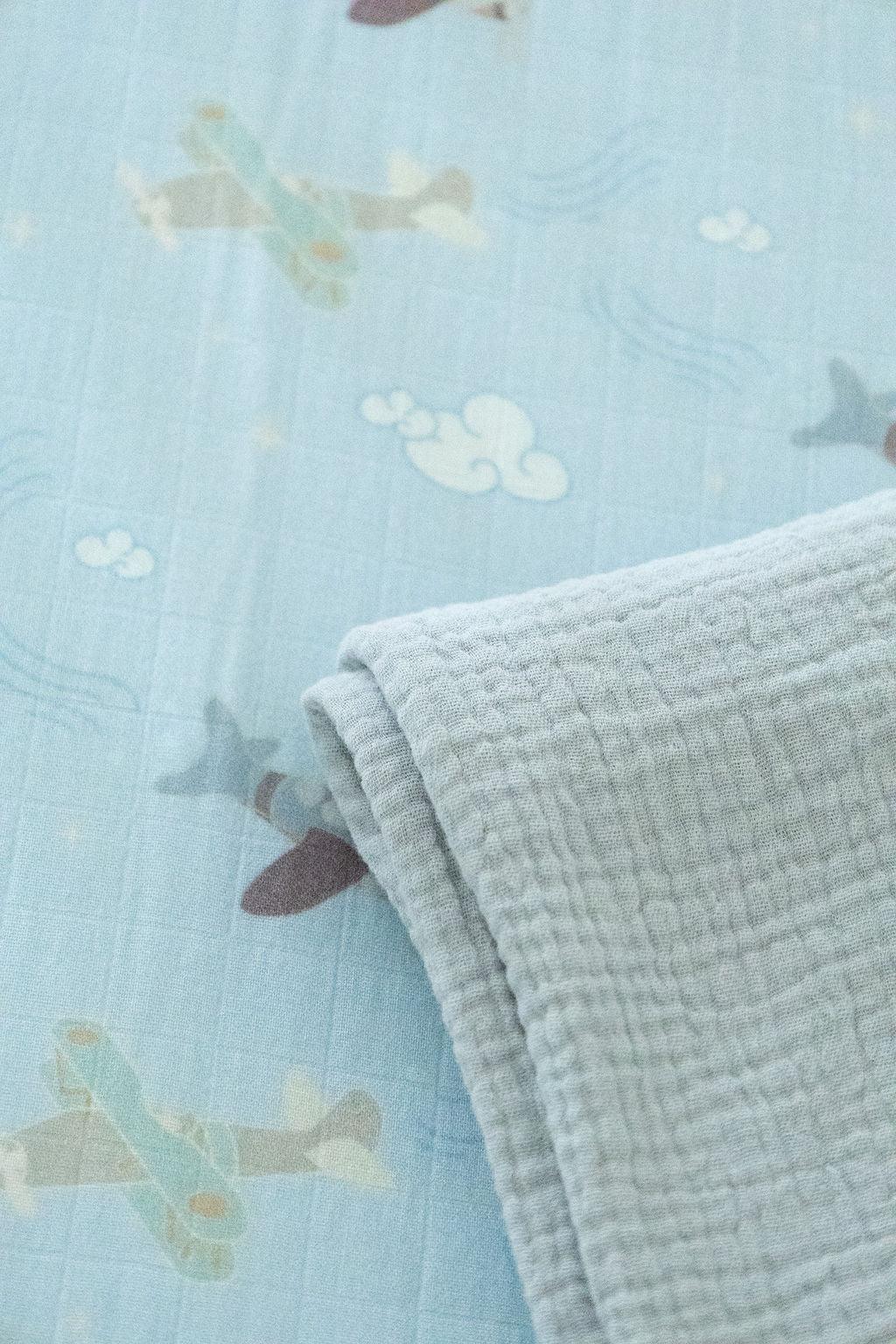 Organic Bamboo Cotton Muslin Crib Sheet in Dreamy Planes Cradle Comforts Co.