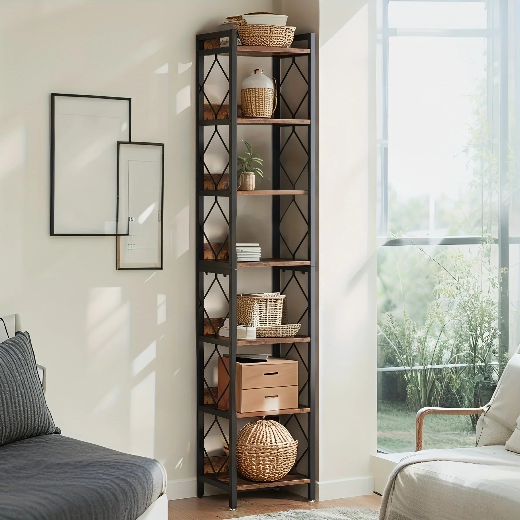 Corner Bookshelf for Small Spaces, Extra Tall 7-tier Skinny Organizer for Home Office Storage - House Of Avana