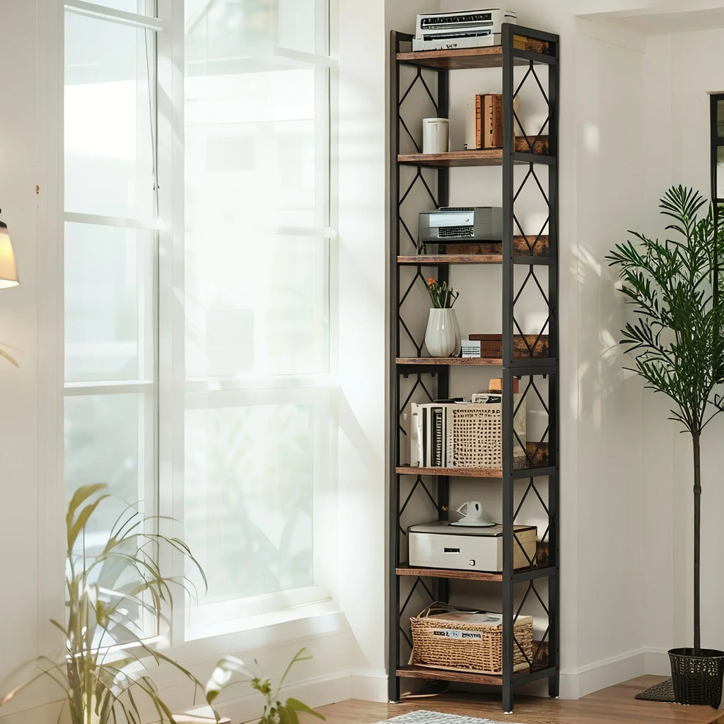 Corner Bookshelf for Small Spaces, Extra Tall 7-tier Skinny Organizer for Home Office Storage - House Of Avana