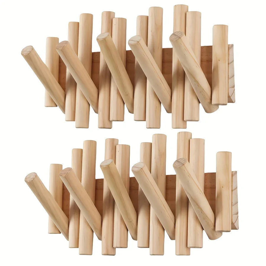 Solid New Zealand Pine Wood Wall-mounted Coat Rack with Retractable Pegs - Modern Minimalist... - House Of Avana