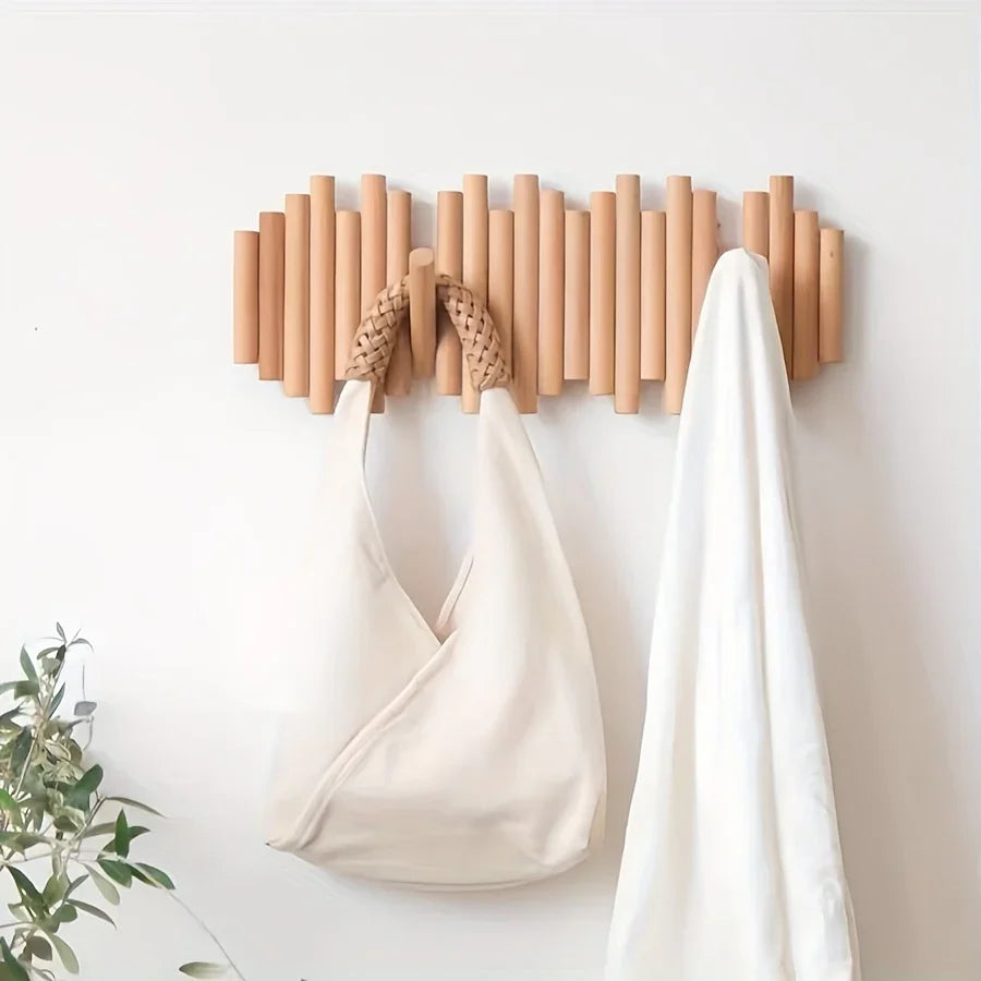 Solid New Zealand Pine Wood Wall-mounted Coat Rack with Retractable Pegs - Modern Minimalist... - House Of Avana