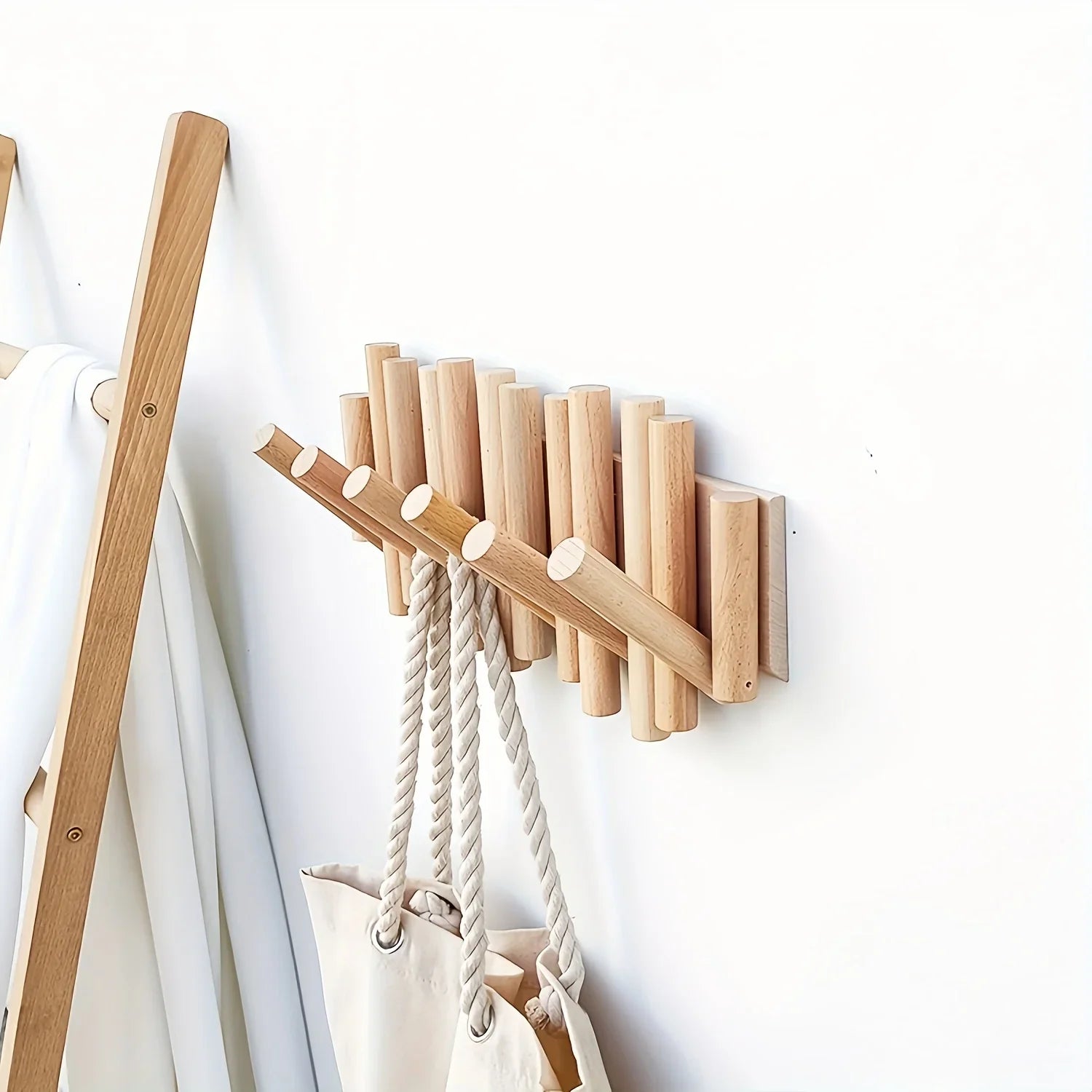 Solid New Zealand Pine Wood Wall-mounted Coat Rack with Retractable Pegs - Modern Minimalist... - House Of Avana