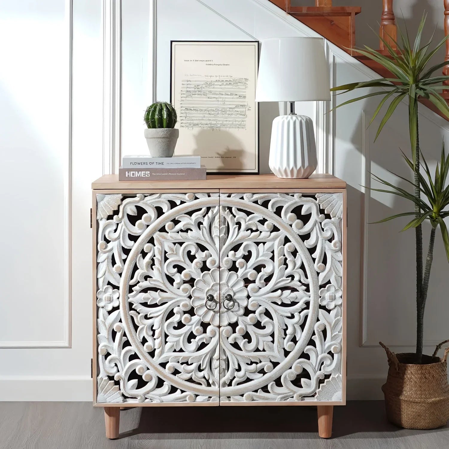 Rustic Wooden Carved Decorative Cabinet, Double Storage Organizer with Raised Panel Doors, Easy... - House Of Avana