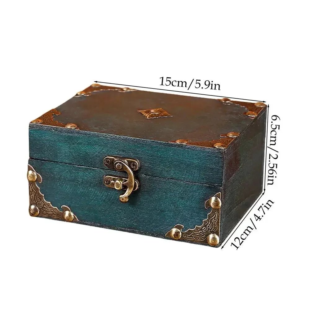 Wooden Treasure Box Vintage Jewelry Storage Organizer with Locker, angled view - House Of Avana