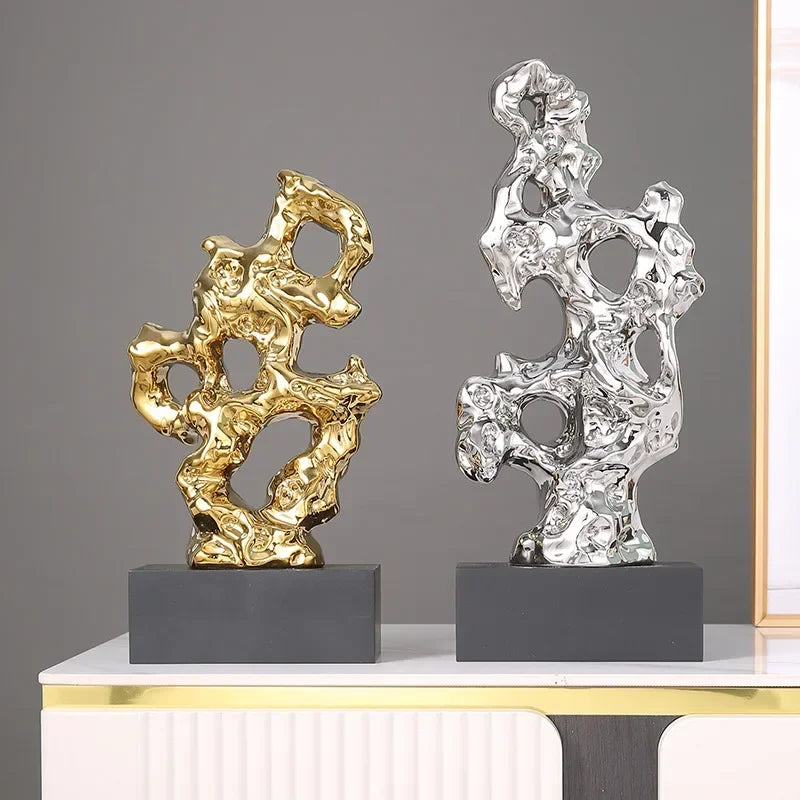 Resin Ornaments Gold Hollowed Out Stone Statue Taihuite Coral Sculpture Decorative Figurines Home Decoration Accessories - House Of Avana