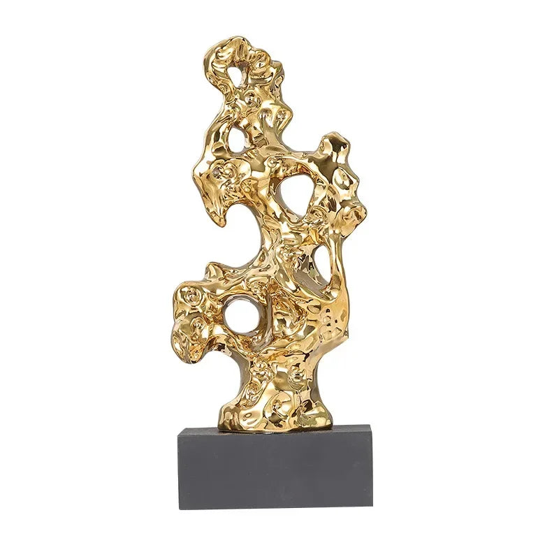 Resin Ornaments Gold Hollowed Out Stone Statue Taihuite Coral Sculpture Decorative Figurines Home Decoration Accessories - House Of Avana