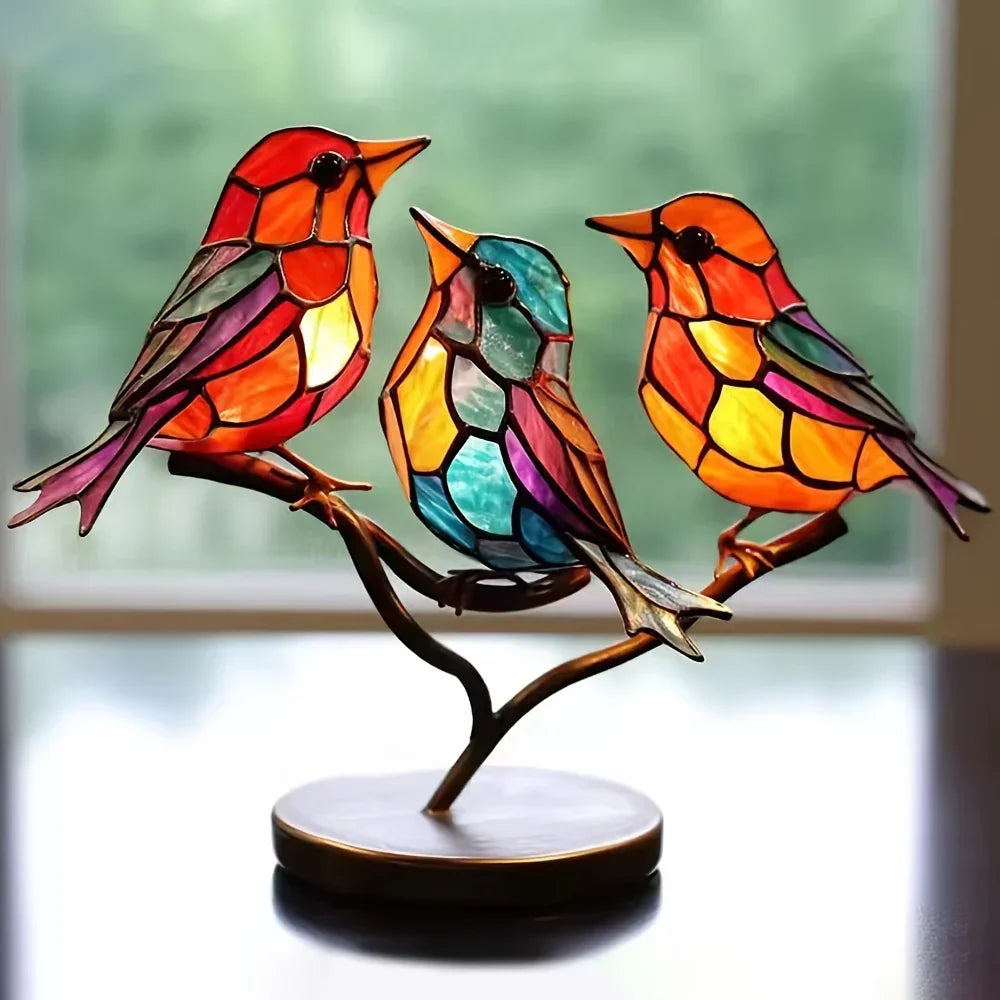 2d Stained Birds-on-branch Household Metal Table Decor Home Ornaments, close-up view - House Of Avana