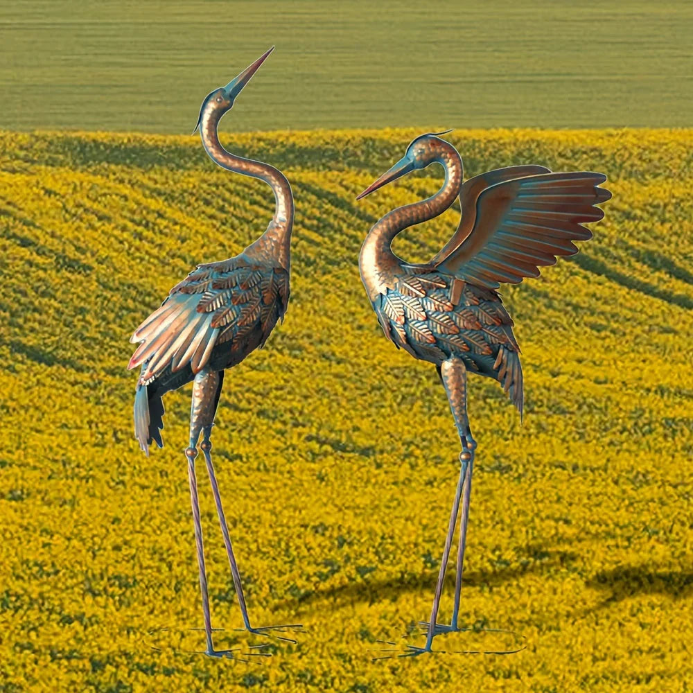 33-37in Outdoor Copper Crane Garden Statue Set - House Of Avana